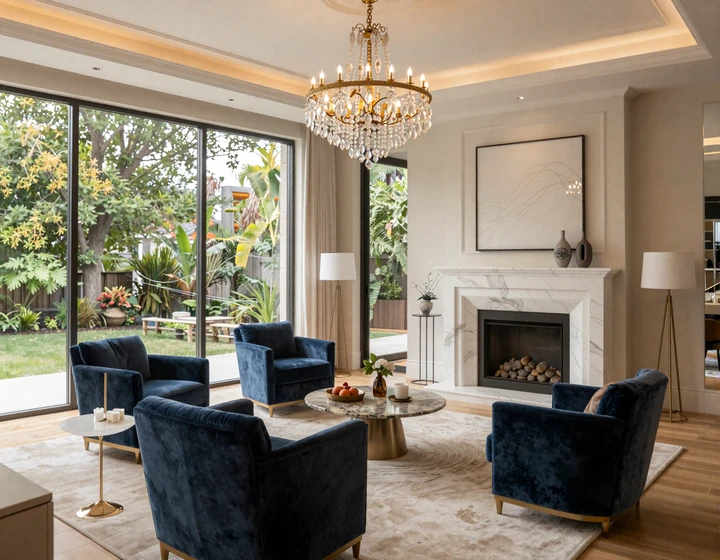 Luxury Buckhead living room interior with marble fireplace and crystal chandelier