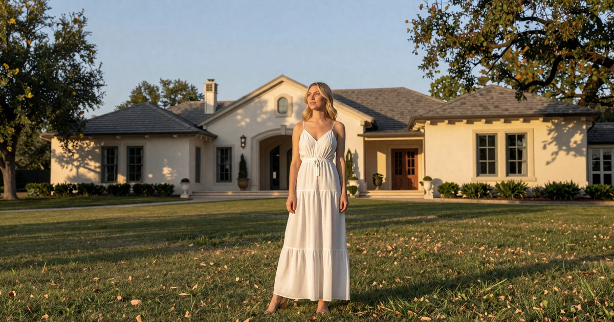 Confident blonde woman in a white sundress on a Highland Park estate lawn at golden hour