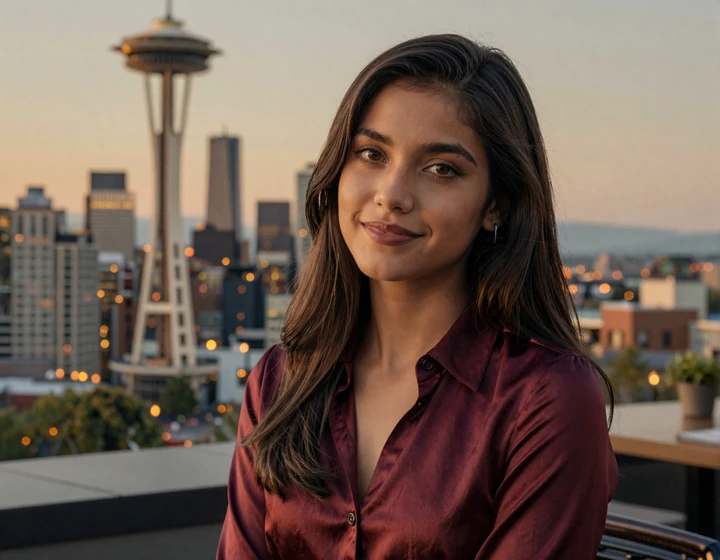 Young woman smiling in a sophisticated rooftop restaurant in Seattle with city lights