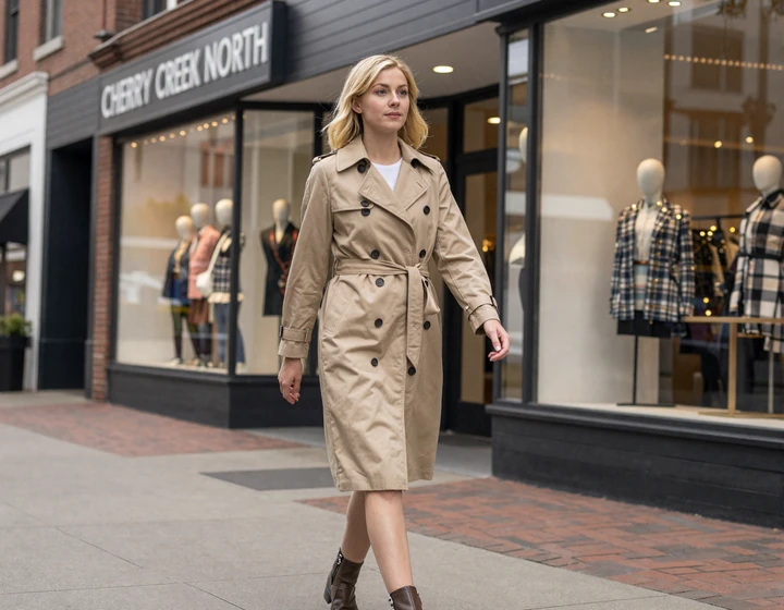 Stylish blonde woman walking through Cherry Creek North boutique district in Denver