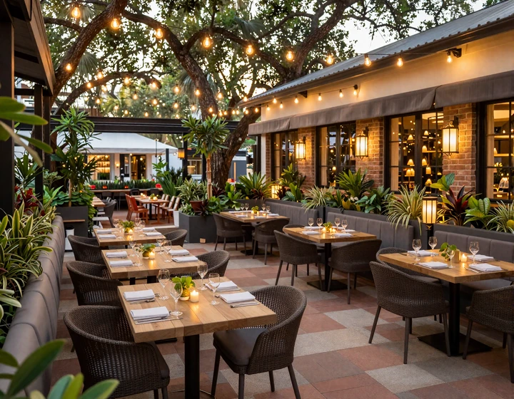 Elegant outdoor patio dining area at a premium Tampa restaurant with string lights