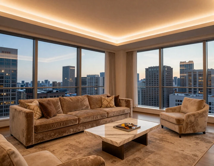 Secure luxury penthouse interior overlooking a city skyline at dusk