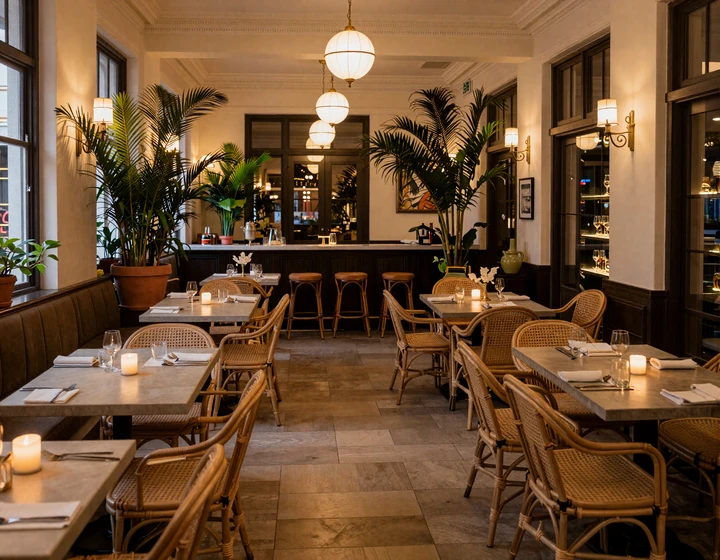 Elegant French-Indochine restaurant interior in Chicago with warm candlelight
