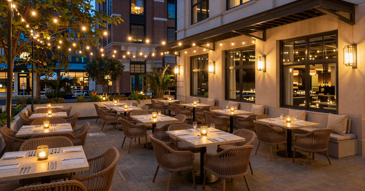 Elegant outdoor patio seating at a luxury Dallas steakhouse at night
