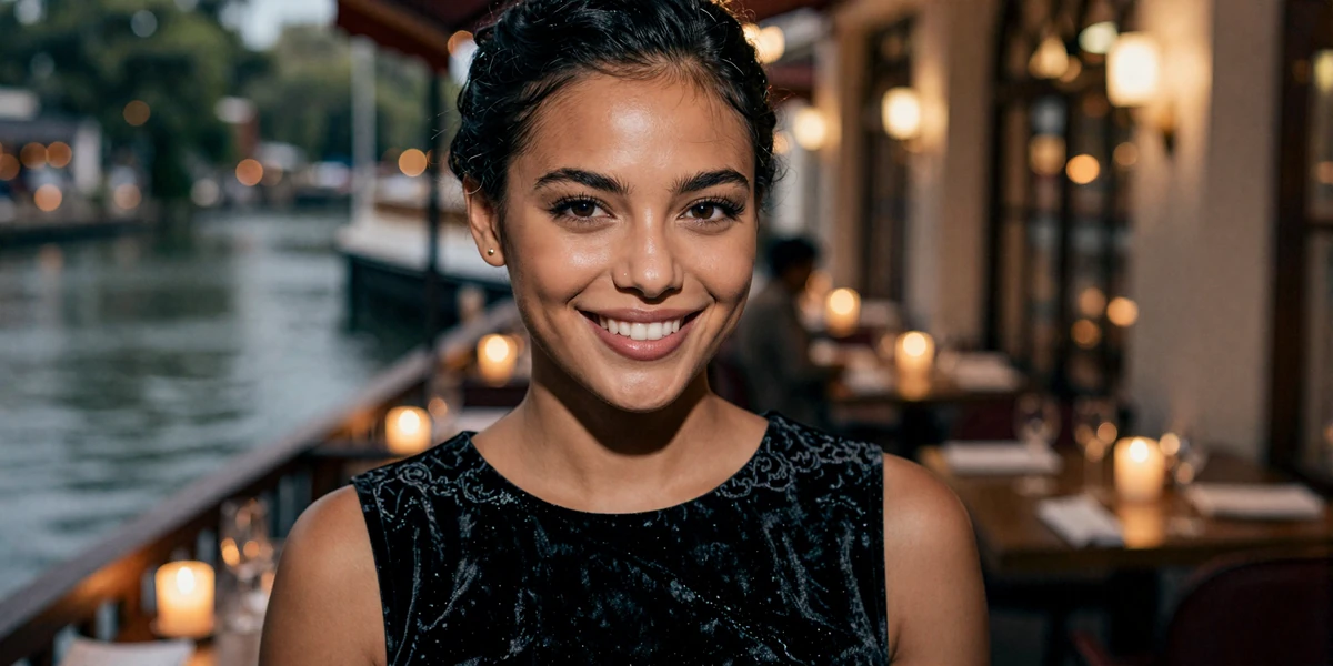Woman smiling in a candlelit upscale restaurant along the San Antonio River Walk