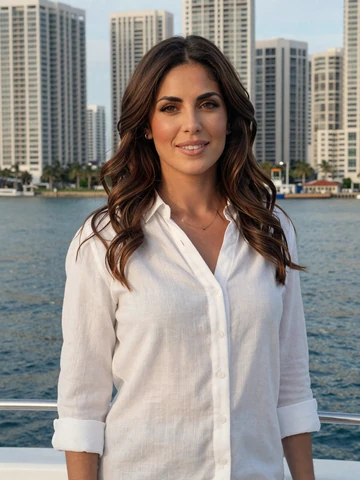 Confident woman in a designer blazer on a luxury yacht deck in bright natural light
