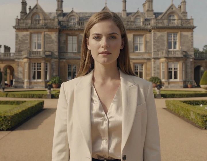 Elegant woman in a designer blazer standing in front of a Highland Park estate in Dallas