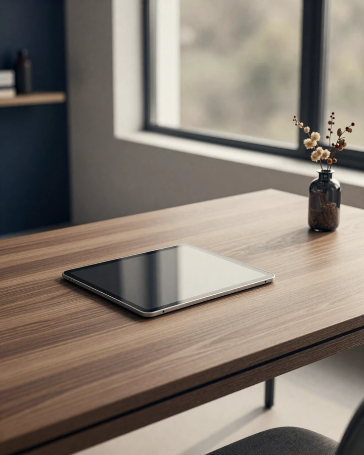 Elegant modern desk with a tablet displaying privacy settings, representing secure online dating