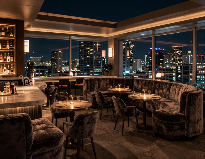 Elegant dimly lit luxury rooftop bar with neon accents in Miami