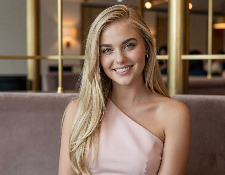 Young woman smiling in a luxurious Boston hotel lounge