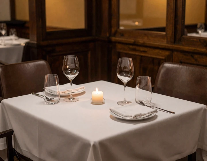 Intimate fine dining table setting with candlelight and wine glasses