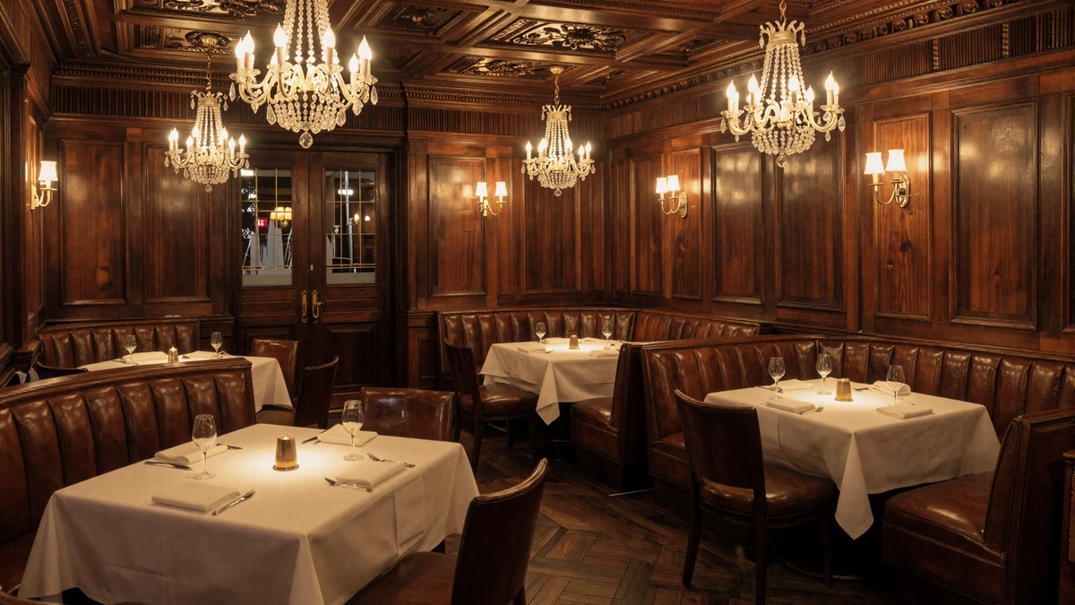 Opulent interior of a classic Chicago steakhouse with dark wood and leather