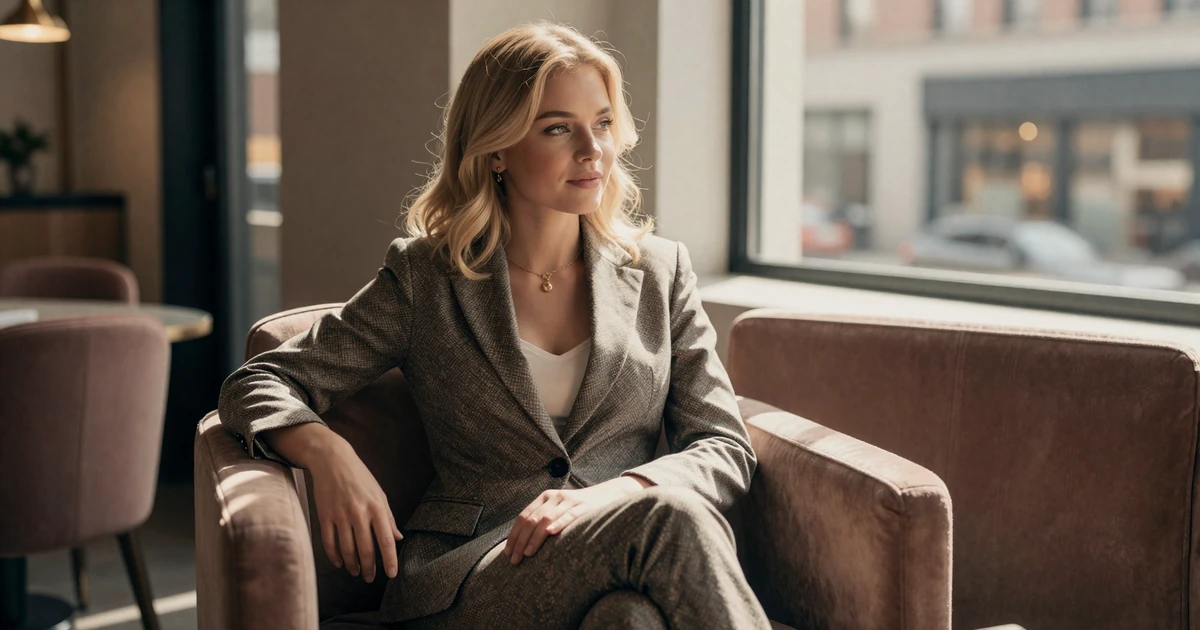 Elegant blonde woman in a tailored business suit in an upscale Manhattan lounge