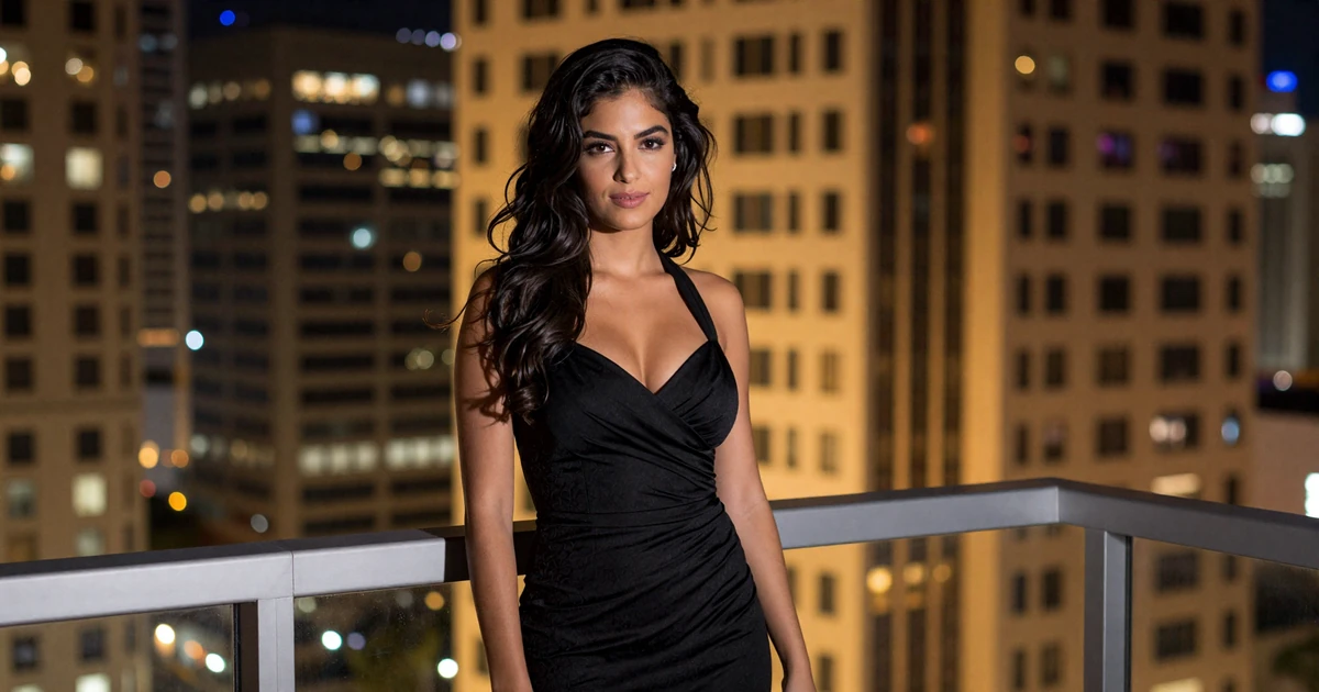 Elegant woman in a black evening dress on a Houston high-rise balcony overlooking the skyline at night