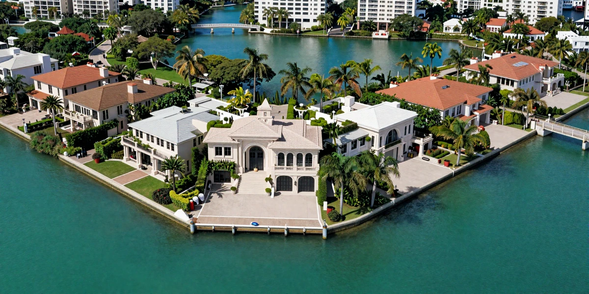 Aerial view of luxury waterfront mansions on Indian Creek, Miami