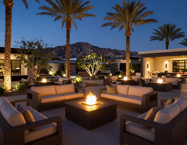 Elegant outdoor fire pit lounge at a luxury Scottsdale resort at night