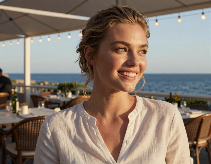 Young woman laughing elegantly at an upscale outdoor coastal restaurant in San Diego