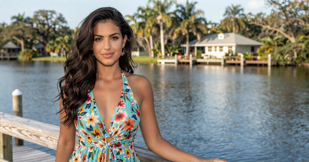 Elegant woman in a floral summer dress on a Lake Nona dock in Orlando