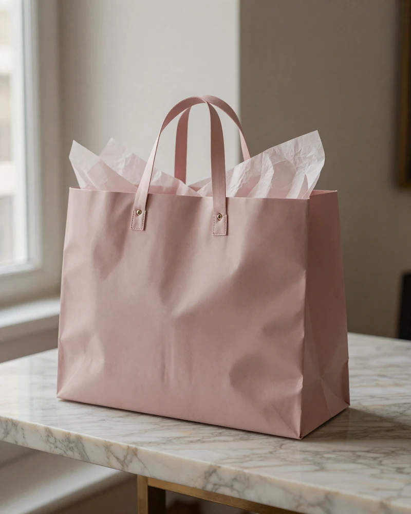Luxury designer shopping bag on marble countertop symbolizing financial transparency in sugar dating