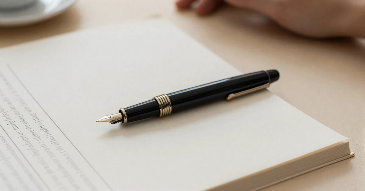 A premium fountain pen resting on a formal document on a warm cream desk