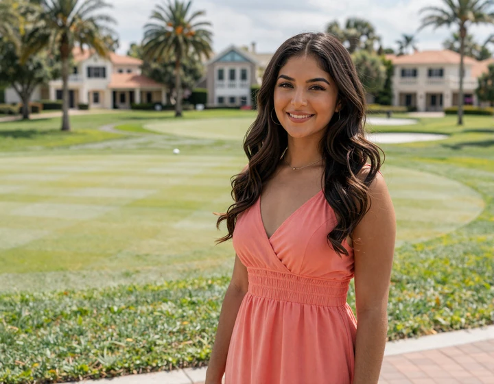 Attractive Latina woman in a coral summer dress at an upscale Orlando country club