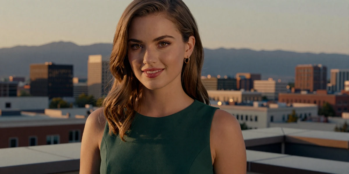 Elegant young woman with a sophisticated smile at a Denver rooftop bar at sunset