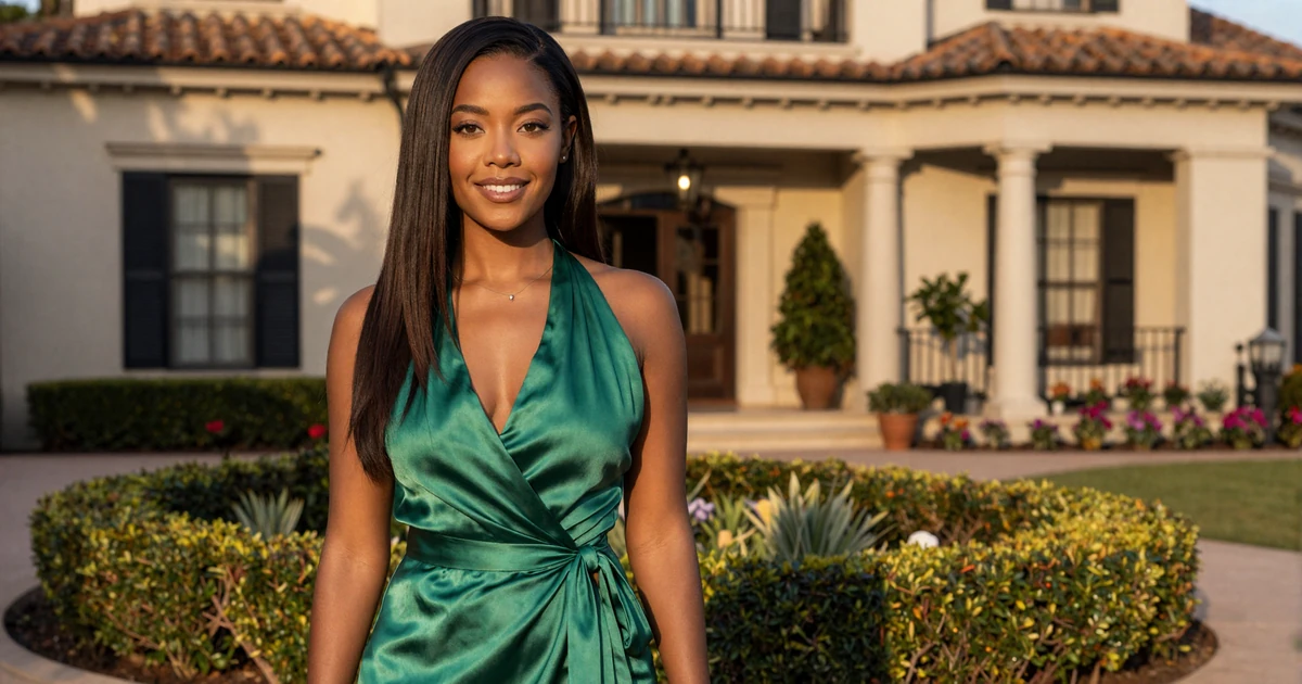 Elegant woman in a green silk dress outside a Buckhead mansion in Atlanta