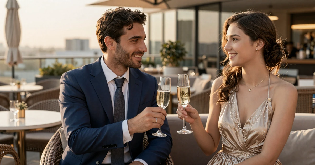 A couple clinking champagne glasses at an upscale rooftop lounge