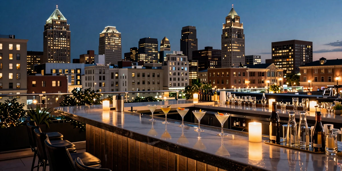 Rooftop bar with downtown Columbus skyline view at night