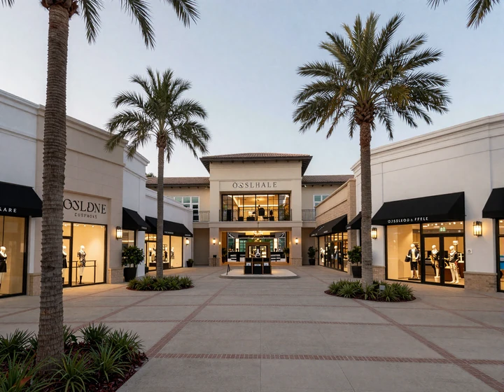 Upscale outdoor shopping center with palm trees and luxury boutiques in Houston