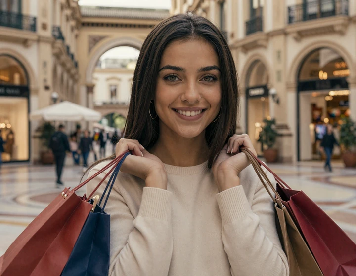 Young woman smiling with luxury shopping bags at Highland Park Village in Dallas