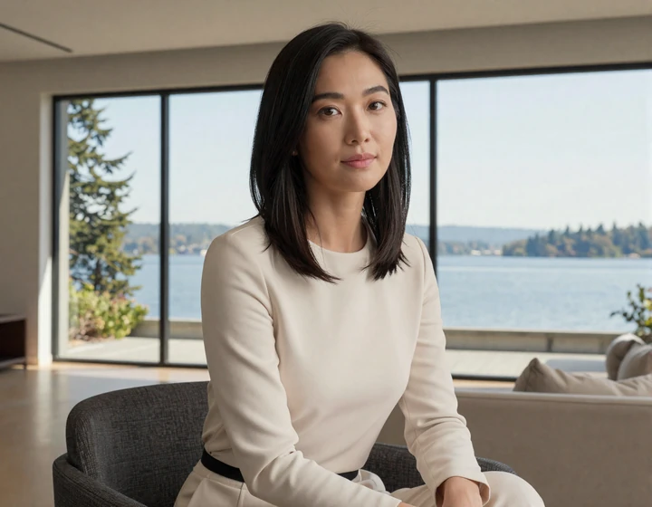 Young woman in a modern Madison Park home overlooking Lake Washington