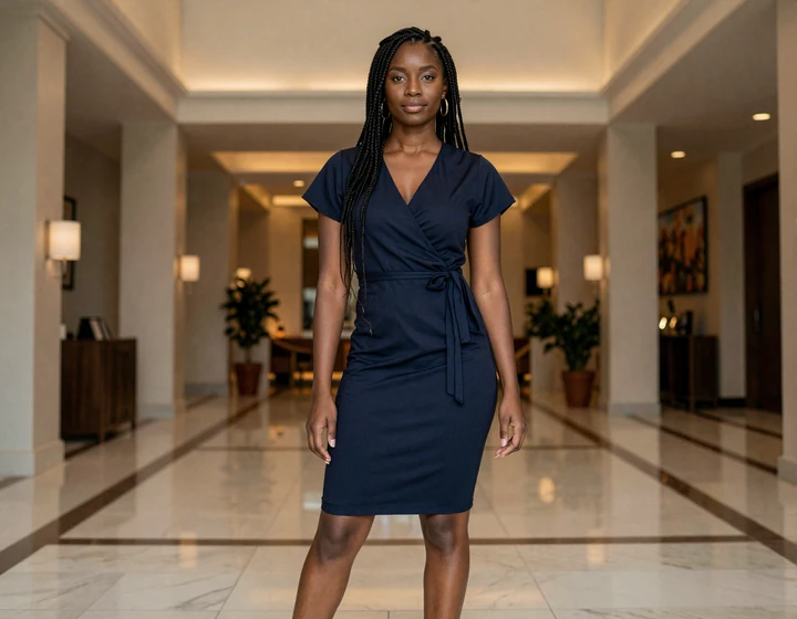 Confident woman in a modern luxury lobby