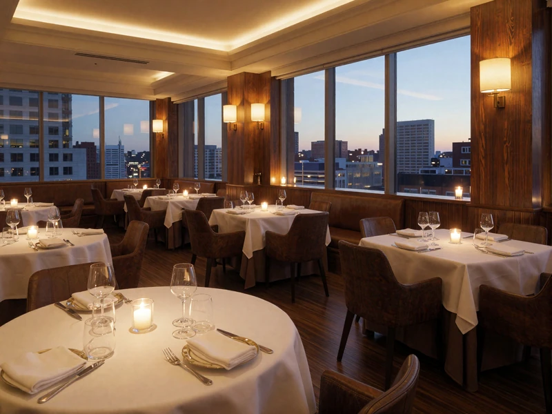 Elegant upscale restaurant interior with warm lighting and set tables for a first sugar dating meeting