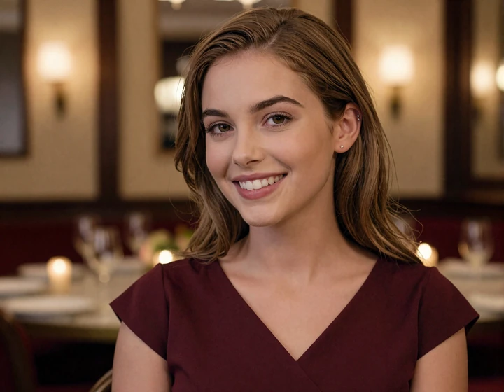 Young woman smiling elegantly in a luxury Orlando steakhouse