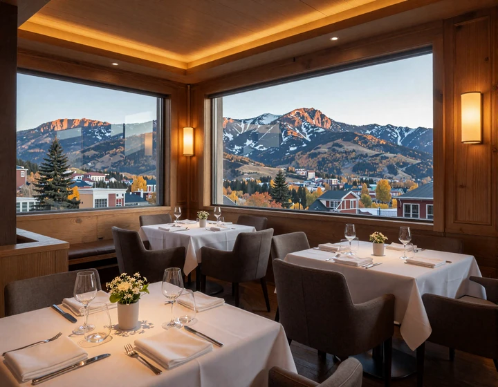 Luxury Denver restaurant interior with Rocky Mountain views through floor-to-ceiling windows