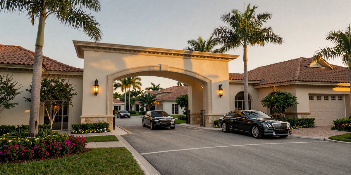 Gated luxury community entrance with manicured landscaping in Orlando