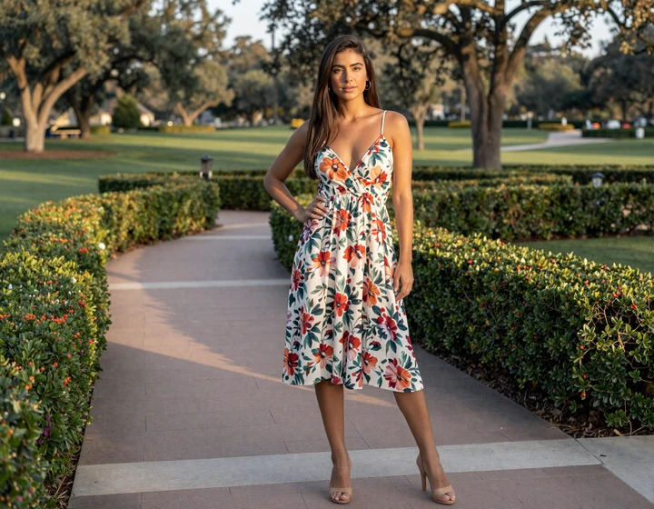 Elegant woman in a designer sundress at a River Oaks Country Club garden