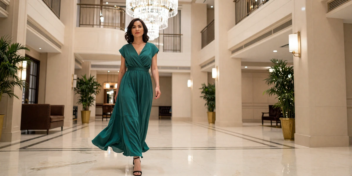 Elegant mature woman walking through a luxury hotel lobby, editorial toy boy dating lifestyle image