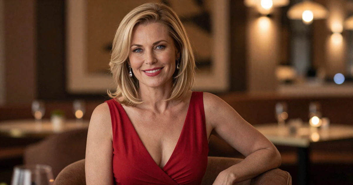 Confident mature woman in a red evening gown at an upscale cocktail lounge