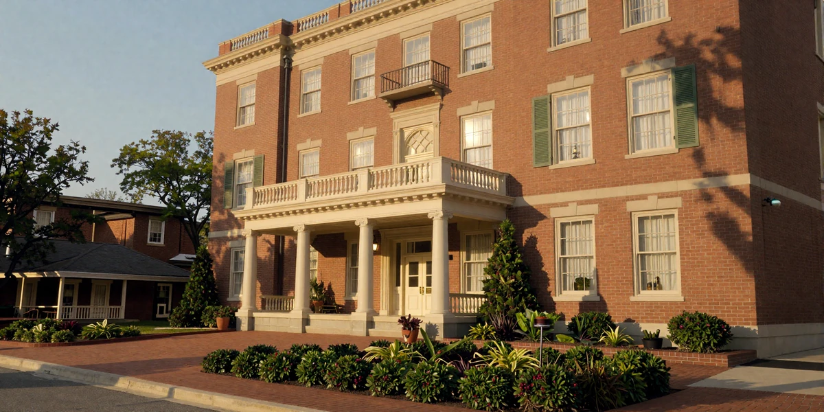 Elegant brick hotel exterior in downtown Columbus at golden hour