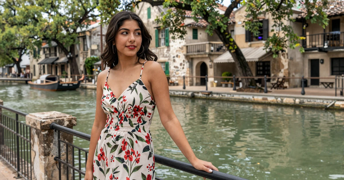 Young woman in a floral sundress on the San Antonio River Walk